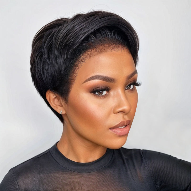 Realistic 4C Edges | Short Pixie Cut Layer Hair 13x4 Lace Frontal Wig 100% Human Hair