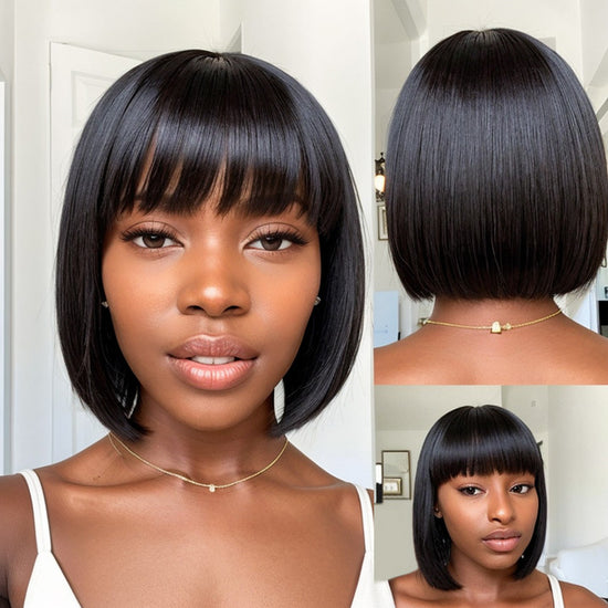 Realistic Glueless Natural Black Yaki Straight Bob With Bangs Wig | 100% Human Hair