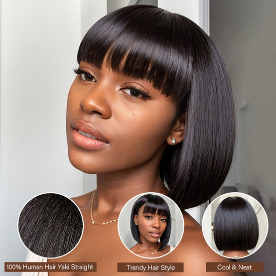 Realistic Glueless Natural Black Yaki Straight Bob With Bangs Wig | 100% Human Hair