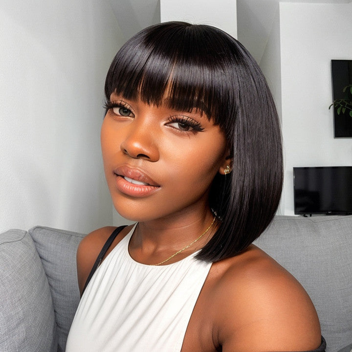 Realistic Glueless Natural Black Yaki Straight Bob With Bangs Wig | 100% Human Hair