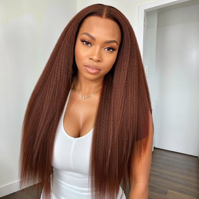 Load image into Gallery viewer, Linktohair #33 Reddish Brown Auburn Colored Kinky Straight 13x4 Lace Frontal Wigs Human Hair
