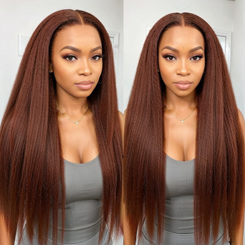 Linktohair #33 Reddish Brown Auburn Colored Kinky Straight 13x4 Lace Frontal Wigs Human Hair
