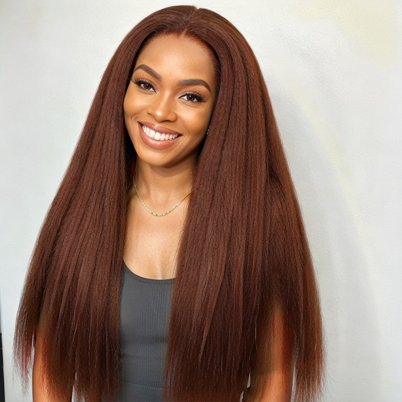 Load image into Gallery viewer, Linktohair #33 Reddish Brown Auburn Colored Kinky Straight 13x4 Lace Frontal Wigs Human Hair

