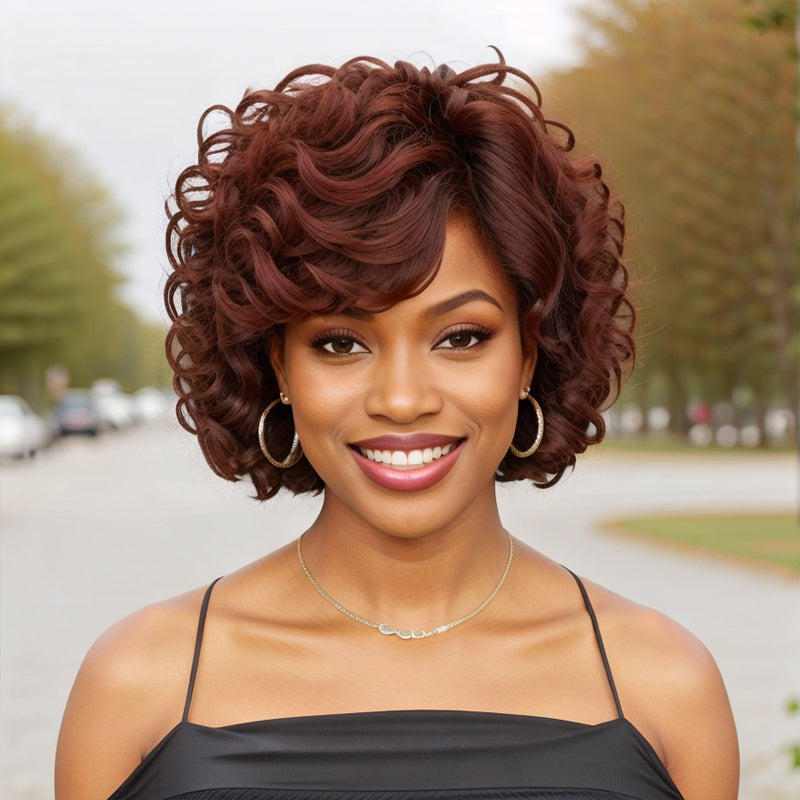 Reddish Brown Hair Short Loose Wave Glueless Bob With Bangs For Black Woman