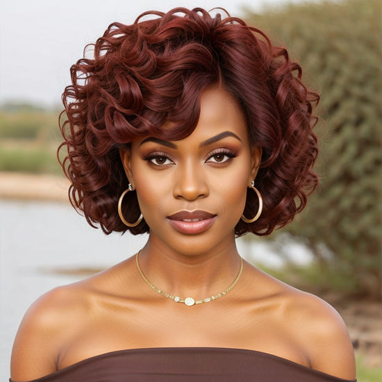 Load image into Gallery viewer, Reddish Brown Hair Short Loose Wave Glueless Bob With Bangs For Black Woman
