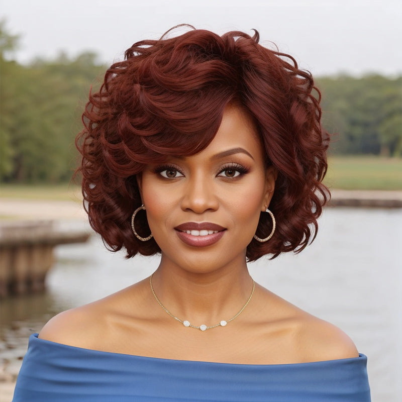 Reddish Brown Hair Short Loose Wave Glueless Bob With Bangs For Black Woman