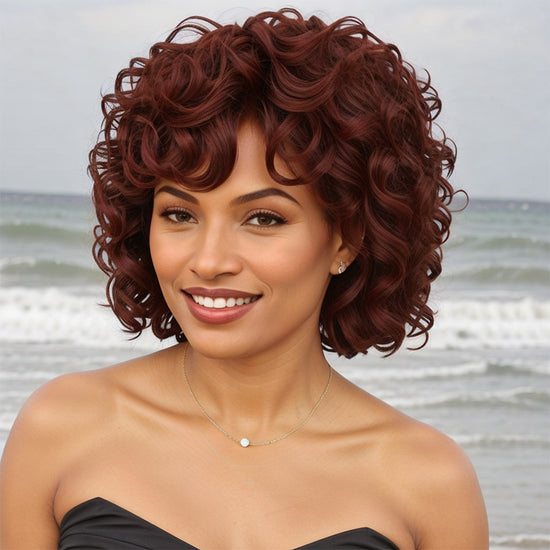 Reddish Brown Hair Short Loose Wave Glueless Bob With Bangs For Black Woman