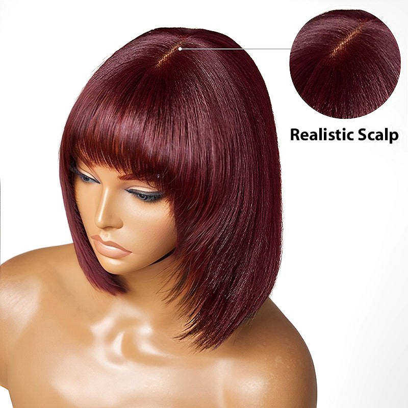 Reddish Purple Layered Cut Yaki Straight Lace Bob Human Hair Wig With Bangs