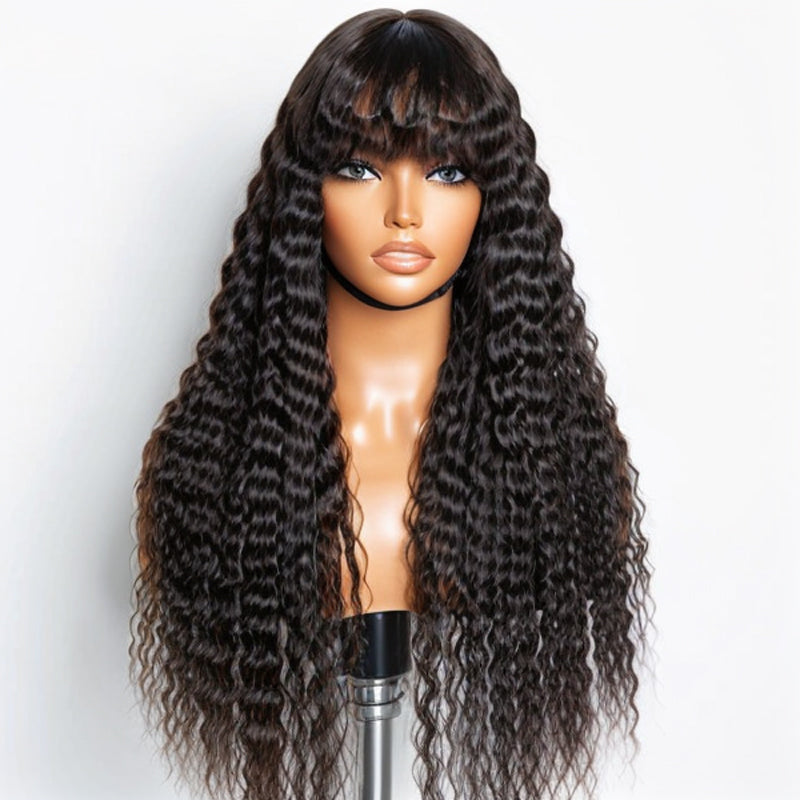 Romantic Bohemian Curly Minimalist Lace Glueless Long Wig with Cute Bangs 100% Human Hair