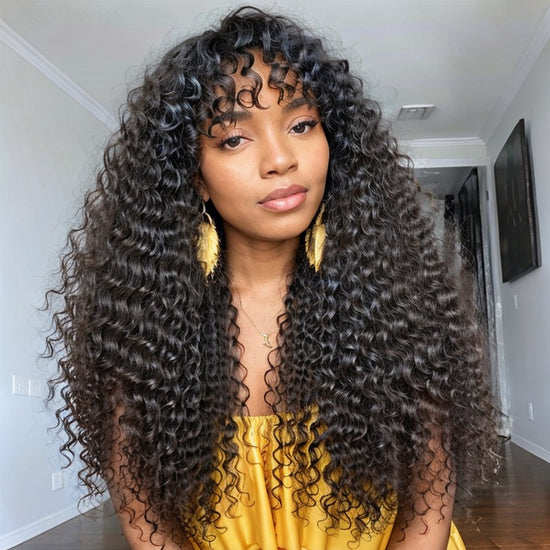 Romantic Bohemian Curly Minimalist Lace Glueless Long Wig with Cute Bangs 100% Human Hair