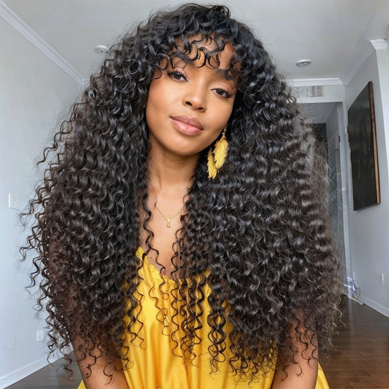 Romantic Bohemian Curly Minimalist Lace Glueless Long Wig with Cute Bangs 100% Human Hair