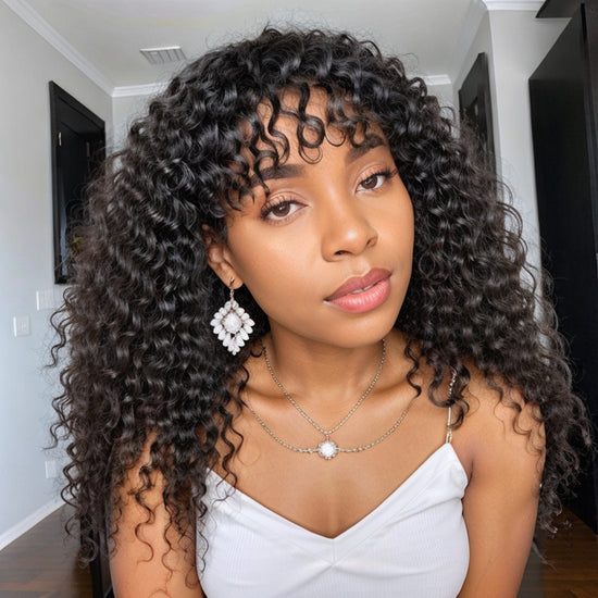 Romantic Bohemian Curly Minimalist Lace Glueless Long Wig with Cute Bangs 100% Human Hair