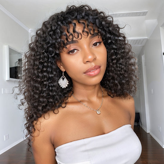 Romantic Bohemian Curly Minimalist Lace Glueless Long Wig with Cute Bangs 100% Human Hair