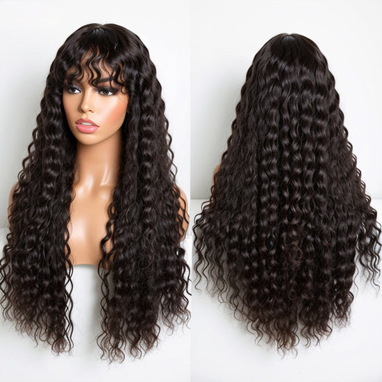 Romantic Bohemian Curly Minimalist Lace Glueless Long Wig with Cute Bangs 100% Human Hair