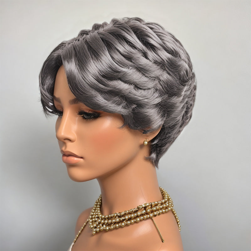 Salt And Pepper Glueless 5x5 Closure Lace Layered Cut Short Bob Human Hair Wig