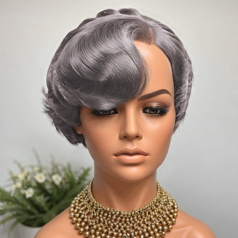Salt And Pepper Glueless 5x5 Closure Lace Layered Cut Short Bob Human Hair Wig
