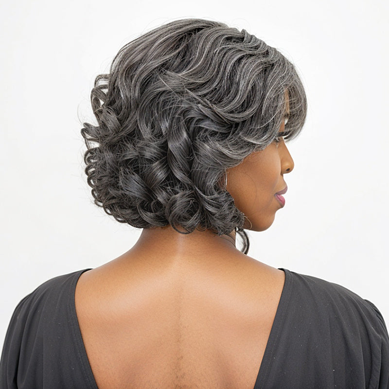 Miss Granny Salt And Pepper Glueless 5x5 Closure Lace Wig Deep Loose Wave Side Part With Bangs Human Hair