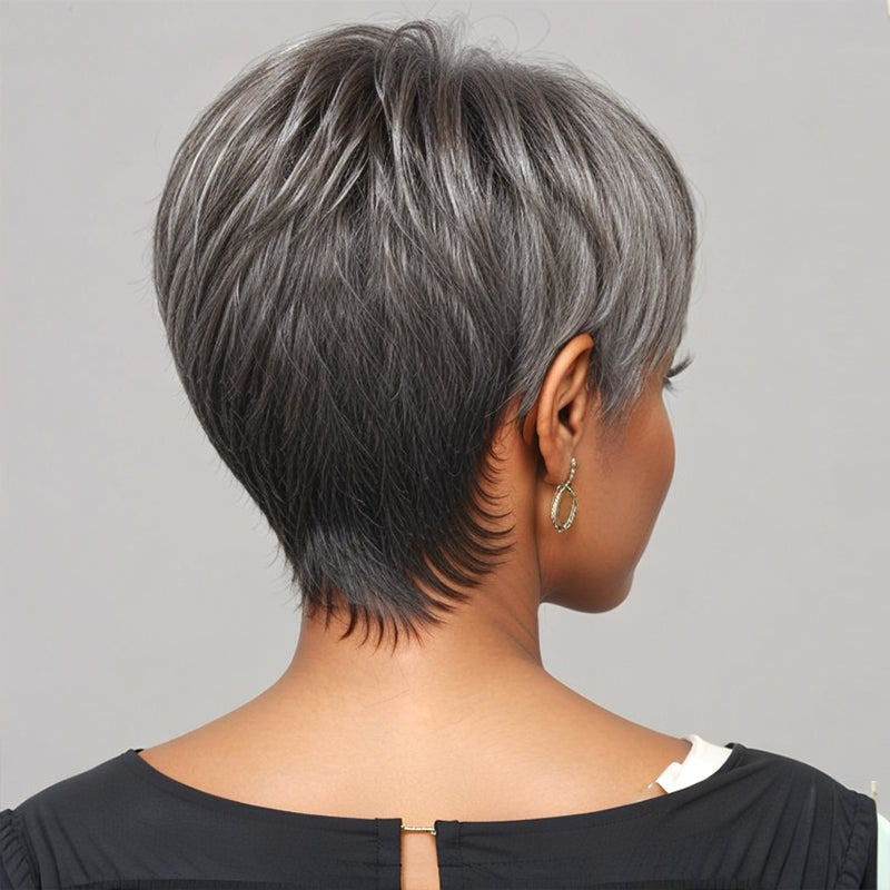 Salt And Pepper Glueless Short Pixie Cut Bob Wig With Bangs 100% Human Hair