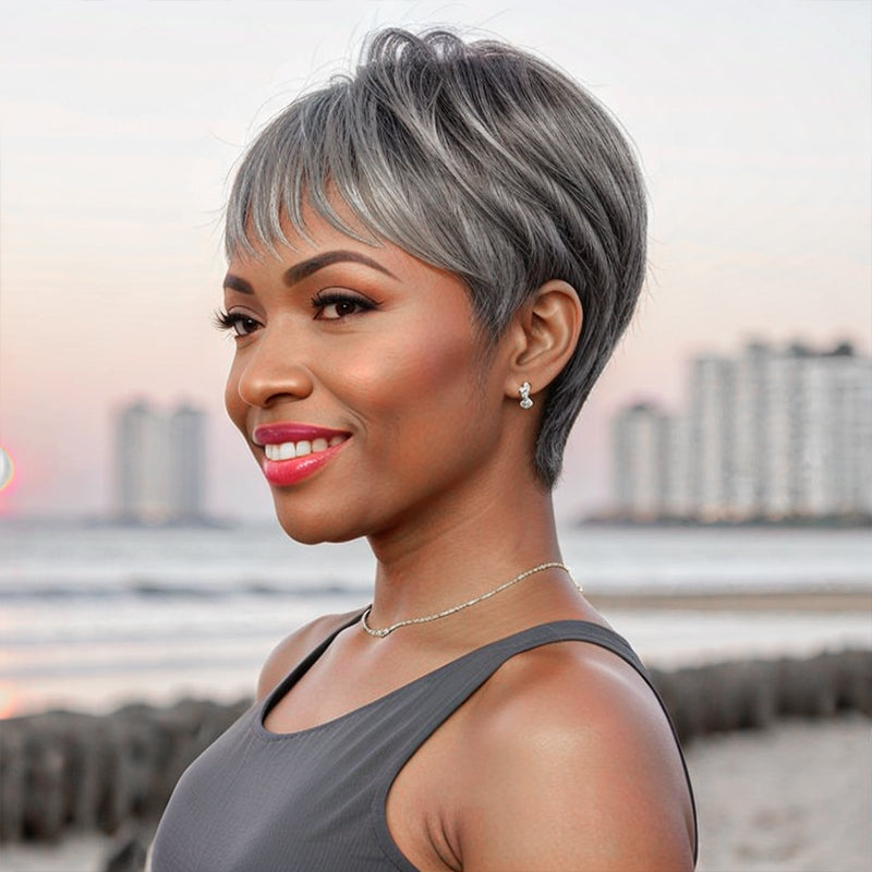 Salt And Pepper Glueless Short Pixie Cut Bob Wig With Bangs 100% Human Hair