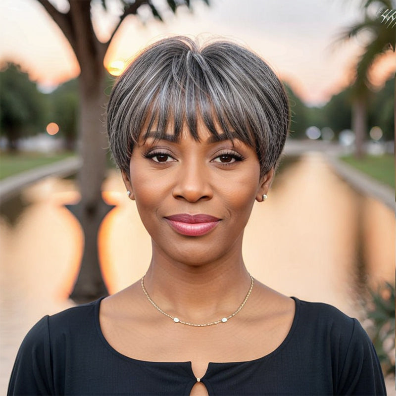 Salt And Pepper Glueless Short Pixie Cut Bob Wig With Bangs 100% Human Hair