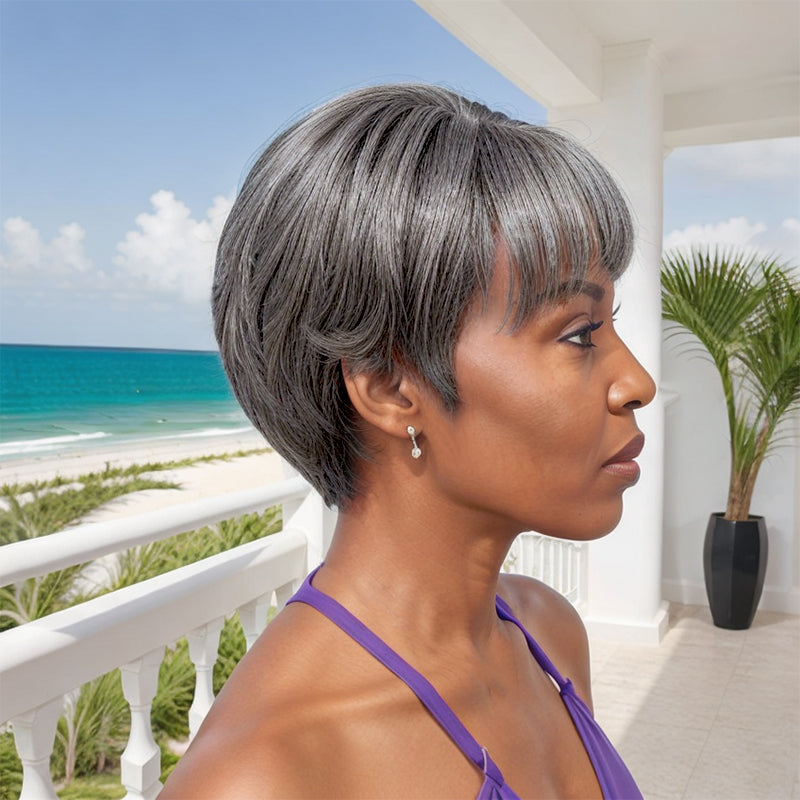 Salt And Pepper Glueless Short Pixie Cut Bob Wig With Bangs 100% Human Hair