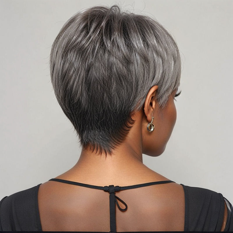 Salt And Pepper Glueless Short Pixie Cut Bob Wig With Bangs 100% Human Hair