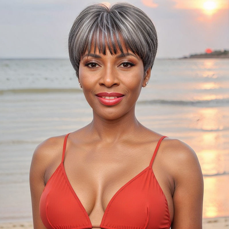 Salt And Pepper Glueless Short Pixie Cut Bob Wig With Bangs 100% Human Hair