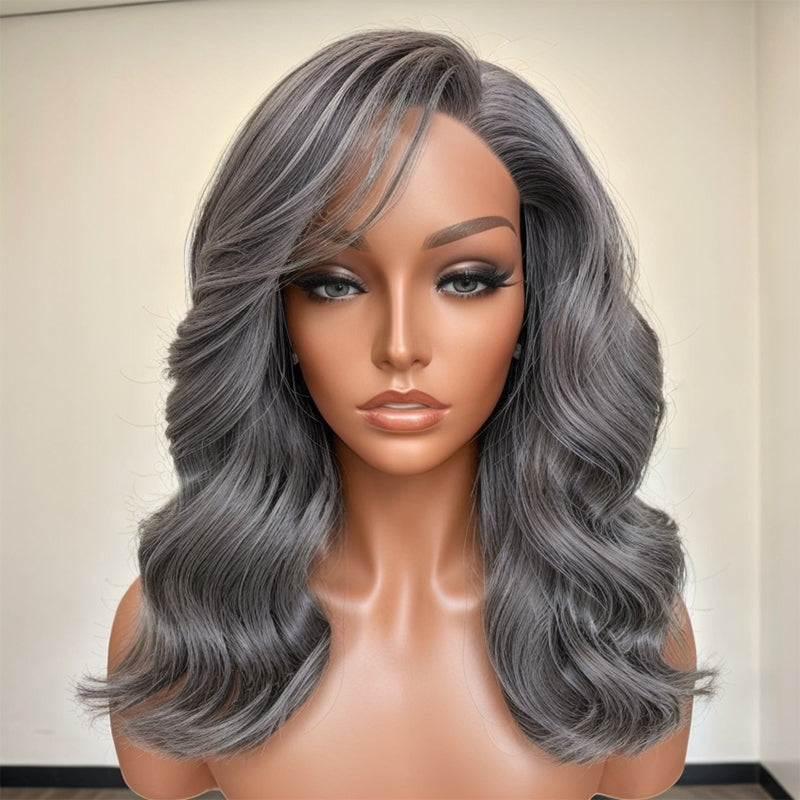 Salt And Pepper Grey Body Wave Long Hair Side Part 5×5 Closure Lace Wig
