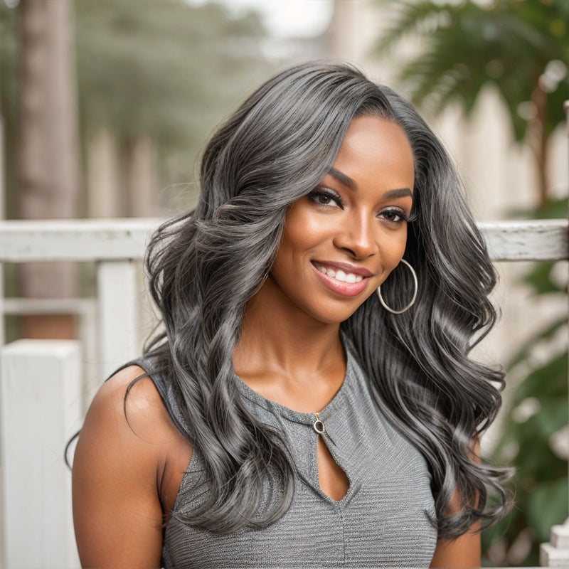 Salt And Pepper Grey Body Wave Long Hair Side Part 5×5 Closure Lace Wig