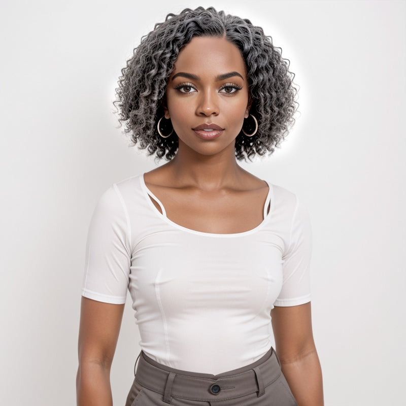 Salt & Pepper Grey Hair Deep Curly HD 13x4 Lace Front Wig 100 Human H