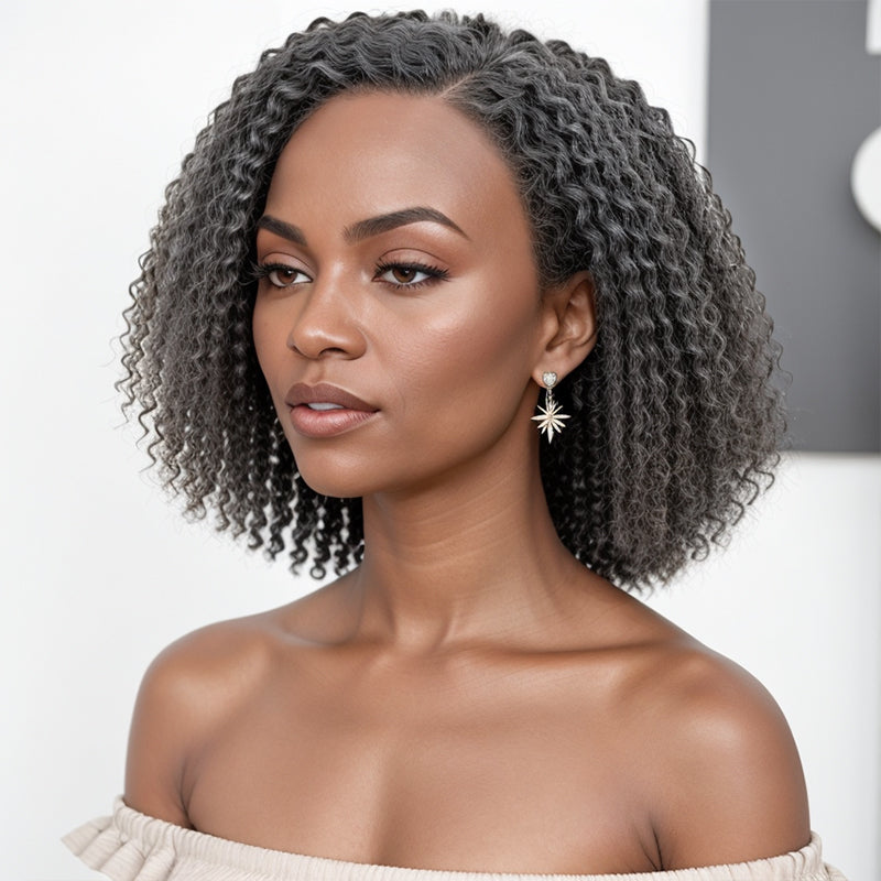 Salt And Pepper Grey Hair Deep Curly HD 13x4 Lace Front Wig 100% Human Hair