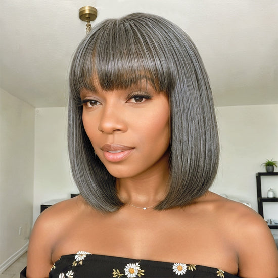 Salt And Pepper Grey Wig BOB with Bangs Glueless Wig