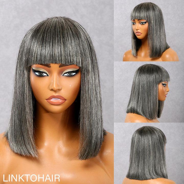 Salt And Pepper Grey Wig BOB with Bangs Glueless Wig