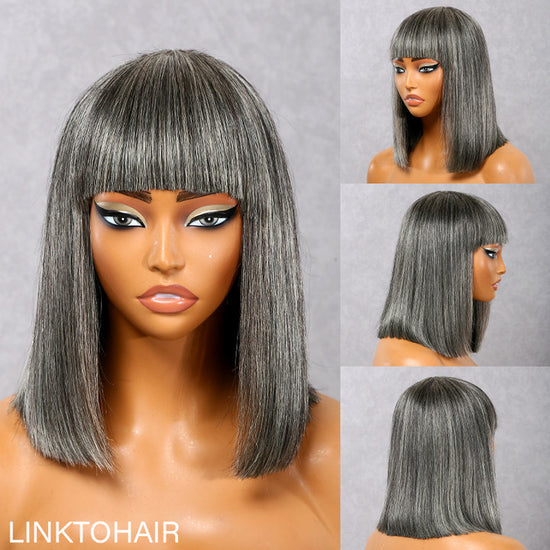 Salt And Pepper Grey Wig BOB with Bangs Glueless Wig