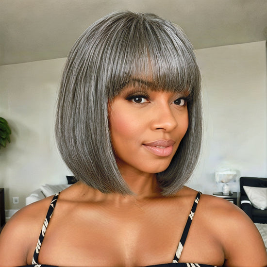 Salt And Pepper Grey Wig BOB with Bangs Glueless Wig