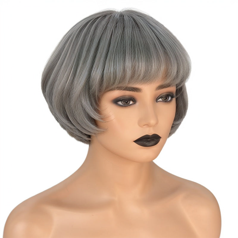 Salt And Pepper Grey Wig Short Bob Style With Bangs Human Hair