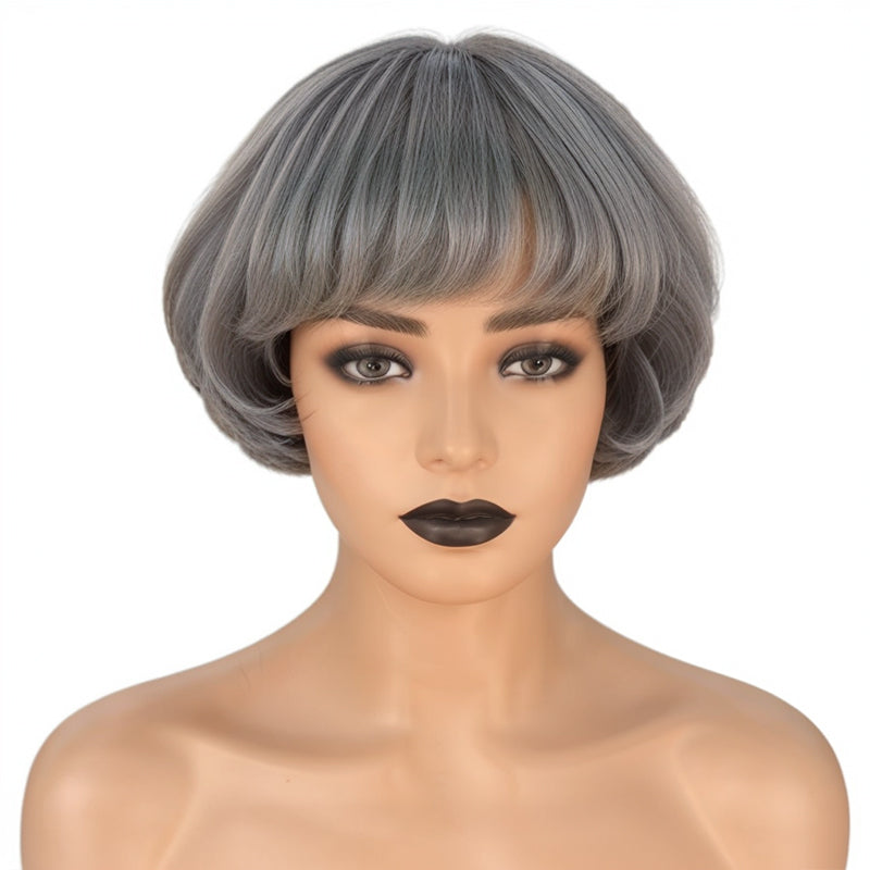 Salt And Pepper Grey Wig Short Bob Style With Bangs Human Hair