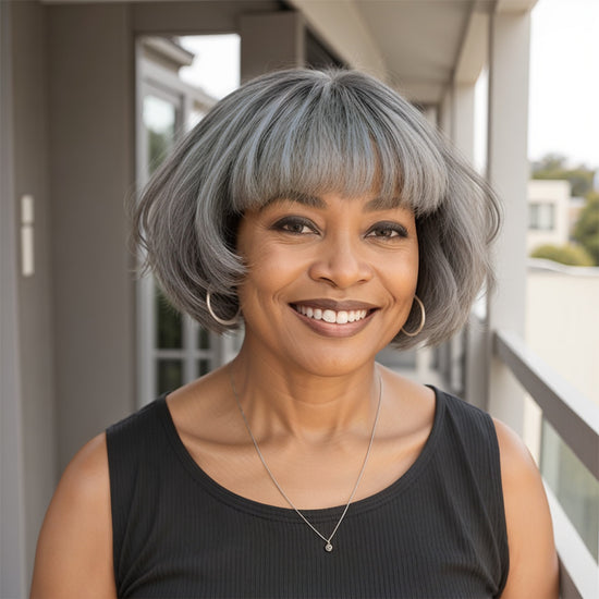 Salt And Pepper Grey Wig Short Bob Style With Bangs Human Hair