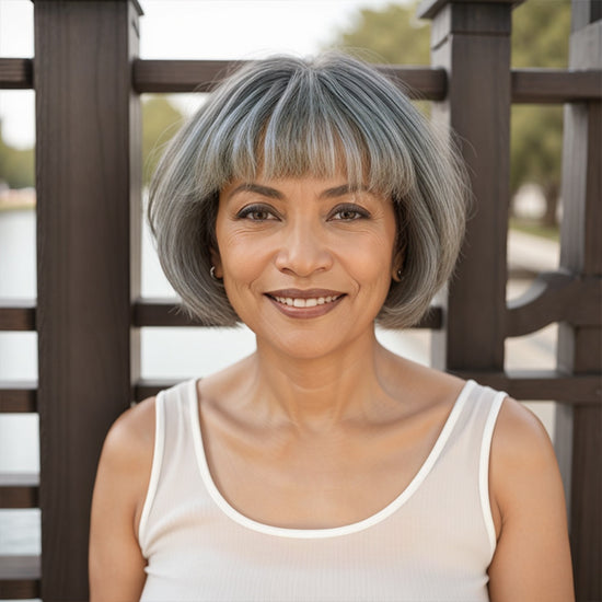 Salt And Pepper Grey Wig Short Bob Style With Bangs Human Hair
