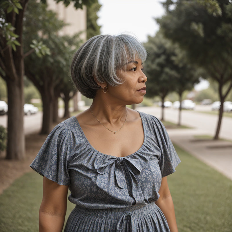 Salt And Pepper Grey Wig Short Bob Style With Bangs Human Hair
