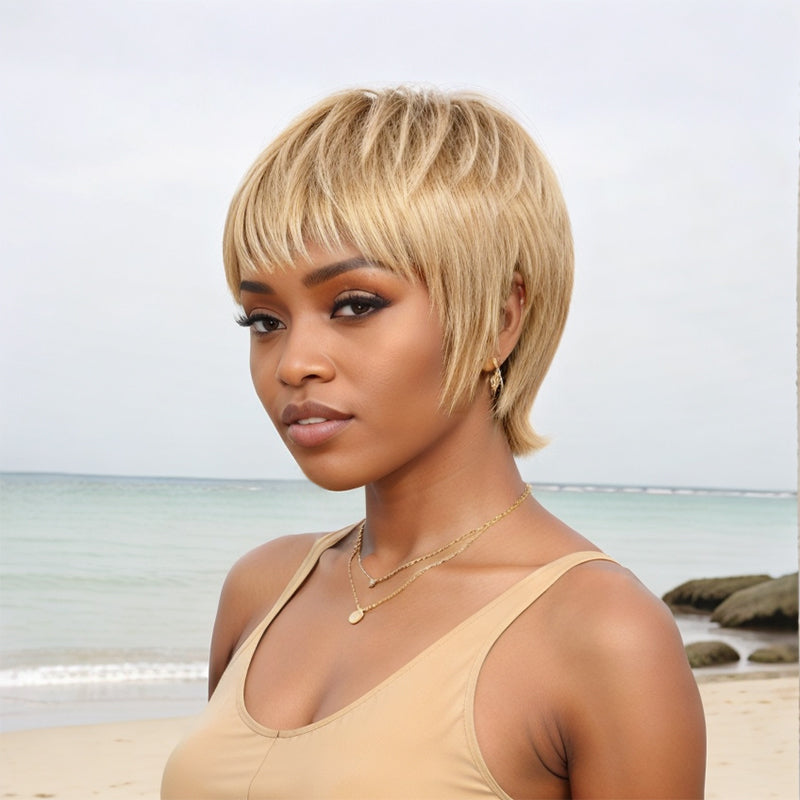 Salt And Pepper/Honey Blonde Short Pixie Cuts with Bangs Mullet Wigs