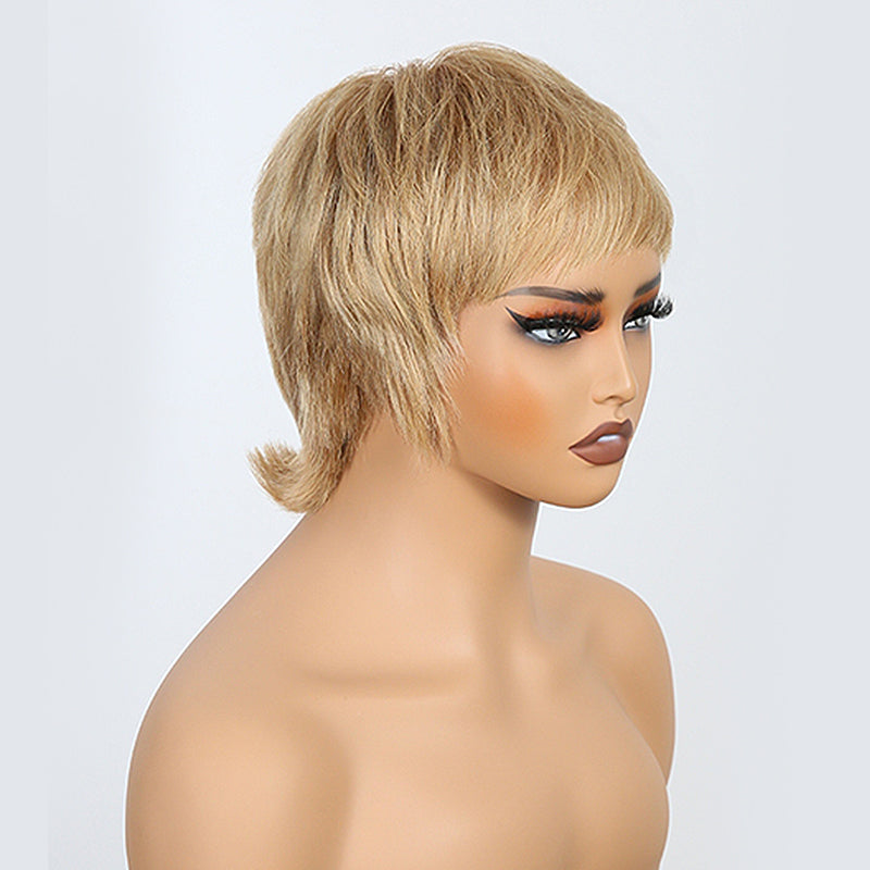 Salt And Pepper/Honey Blonde Short Pixie Cuts with Bangs Mullet Wigs