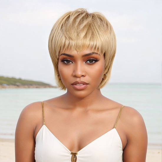 Salt And Pepper/Honey Blonde Short Pixie Cuts with Bangs Mullet Wigs