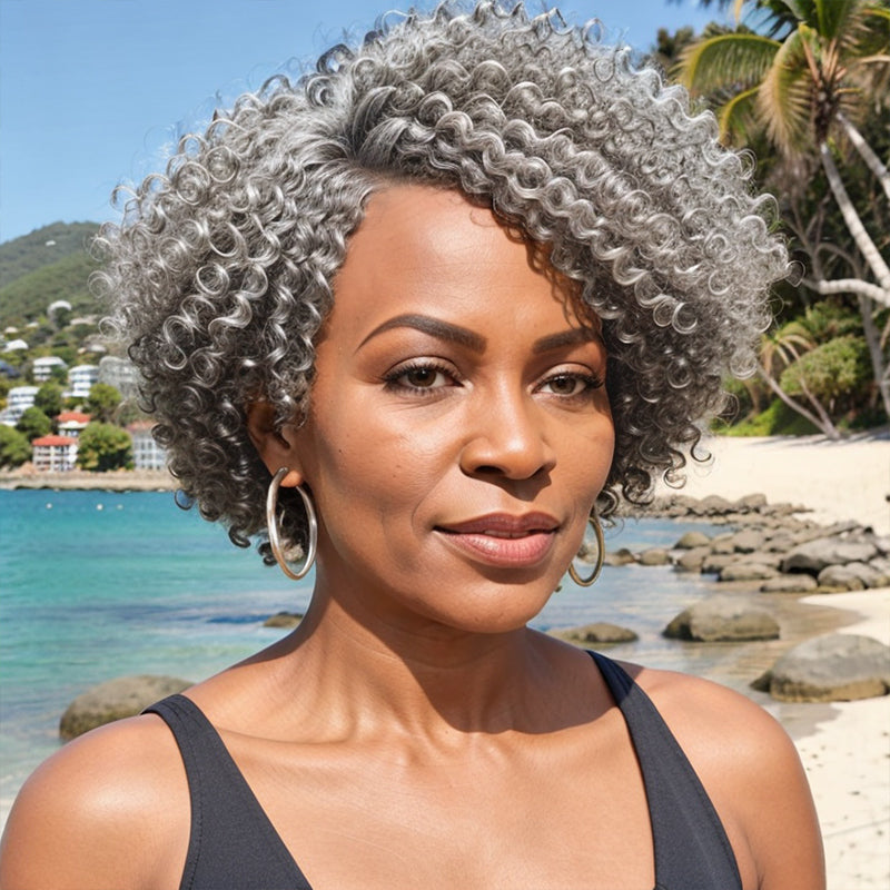 Salt And Pepper Kinky Curly Wig Side Part 5x5 Closure Pre-Cut Lace Bob Glueless Human Hair