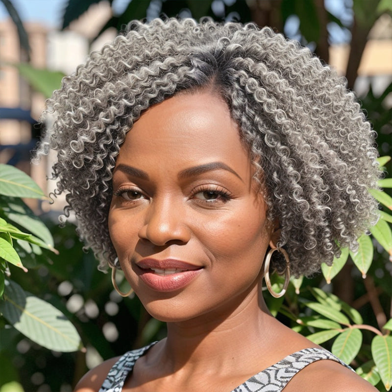 Salt And Pepper Kinky Curly Wig Side Part 5x5 Closure Pre-Cut Lace Bob Glueless Human Hair