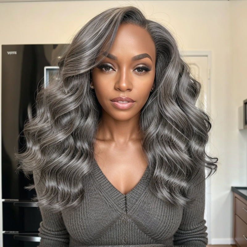 Salt And Pepper Long Hair Side Part Layered 5×5 Closure Lace Wig
