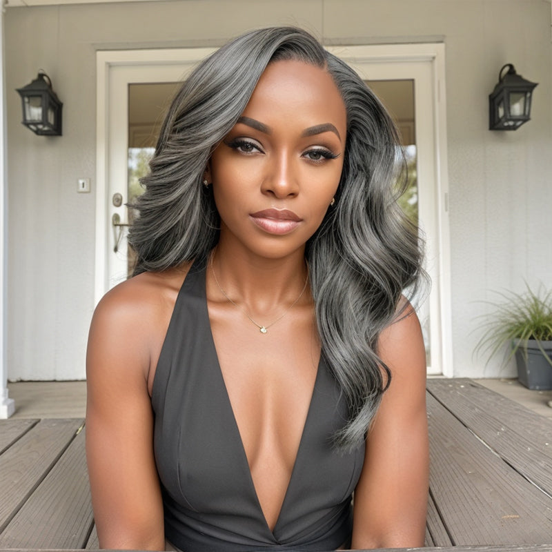 Salt And Pepper Long Hair Side Part Layered 5×5 Closure Lace Wig