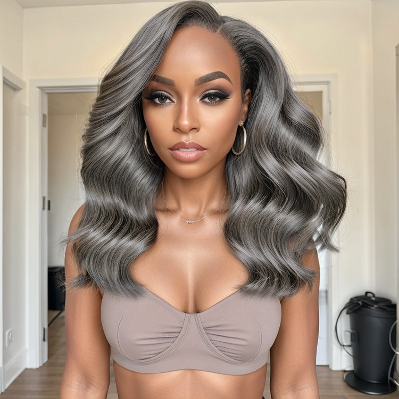 Salt And Pepper Long Hair Side Part Layered 5×5 Closure Lace Wig