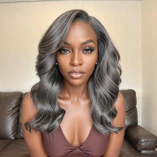 Load image into Gallery viewer, Salt And Pepper Long Hair Side Part Layered 5×5 Closure Lace Wig

