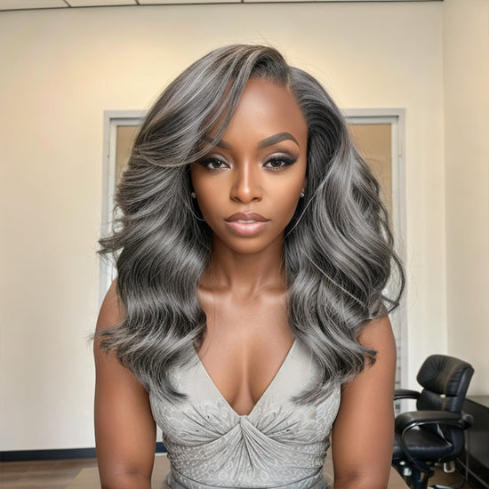 Salt And Pepper Long Hair Side Part Layered 5×5 Closure Lace Wig